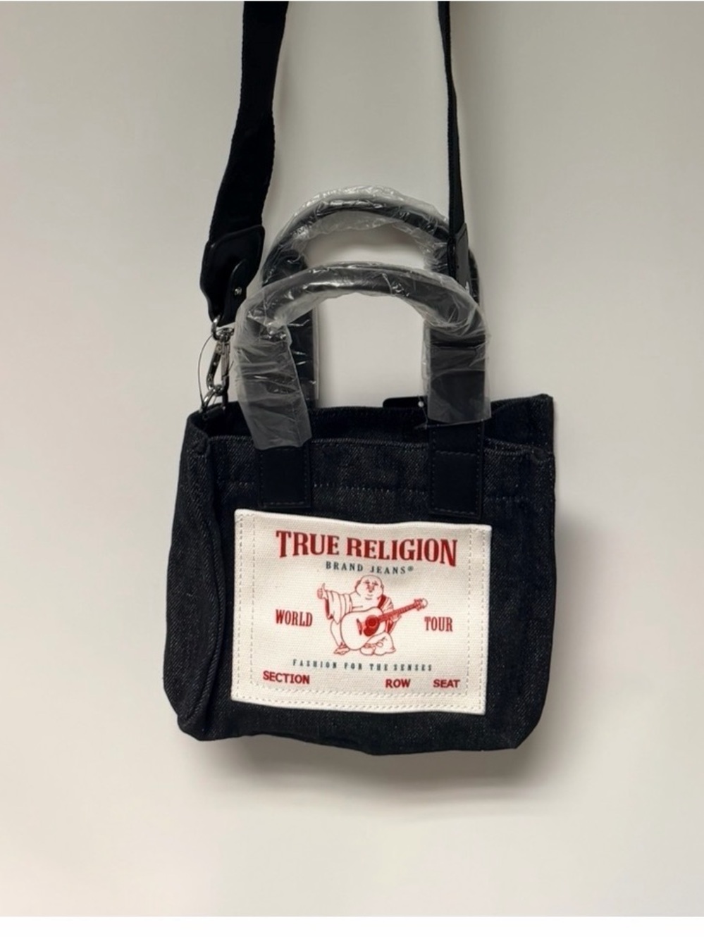 True Religion Black Denim Mini Messenger Bag with Red Logo Patch